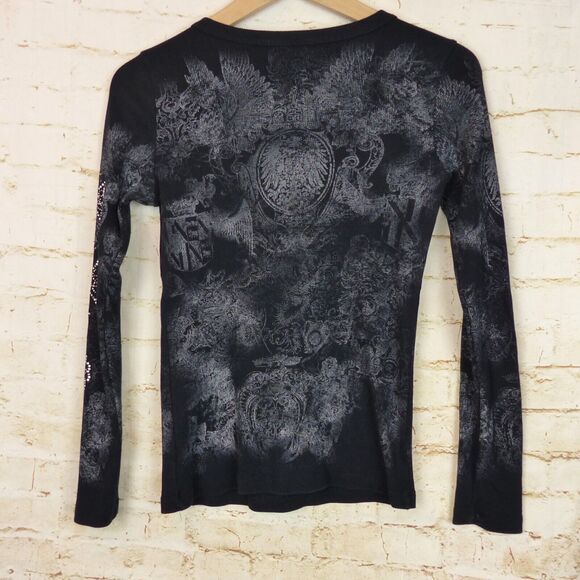 Y2K VTG Bejeweled Embellished Rhinestone Cross Thermal Top Womens XL Black Goth - Picture 2 of 12